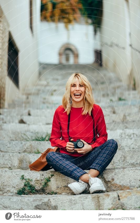 Woman taking photographs with an old camera Lifestyle Style Happy Beautiful Hair and hairstyles Leisure and hobbies Vacation & Travel Tourism Camera Human being