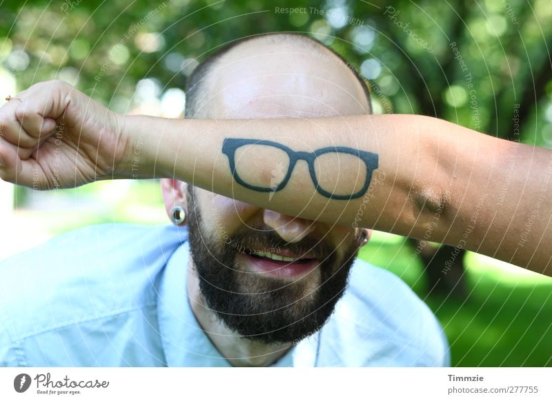 glasses tattoo Style Exotic Joy Masculine 1 Human being 30 - 45 years Adults Tattoo Earring Facial hair Beard Exceptional Hip & trendy Funny Crazy Happiness