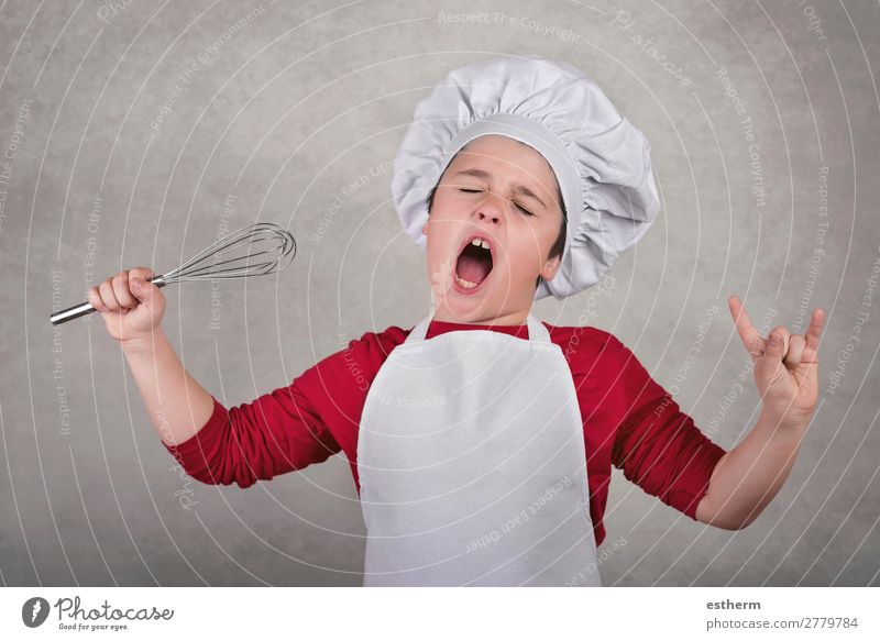 funny boy with cook hat holding the whisk in one hand Nutrition Dinner Diet Lifestyle Joy Music Restaurant Feasts & Celebrations Profession Gastronomy
