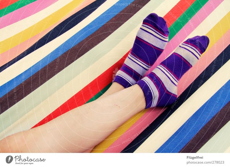 Striped hammock summer day dream Child Feet 1 Human being Stockings Relaxation To enjoy Happiness Fresh Positive Happy Indifferent Comfortable Lie Hammock