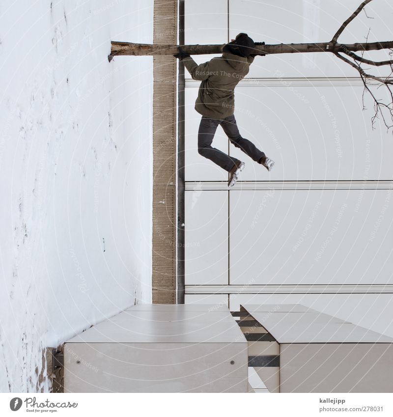 winter residues House (Residential Structure) 1 Human being To hold on Hang Jump Tree trunk Distorted Winter Cap Colour photo Subdued colour Exterior shot Light