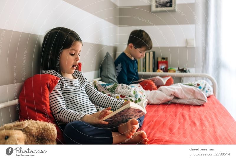 Girl and boy reading book each sitting on bed Lifestyle Beautiful Calm Reading Bedroom Child School Human being Boy (child) Woman Adults Man Sister Infancy Book