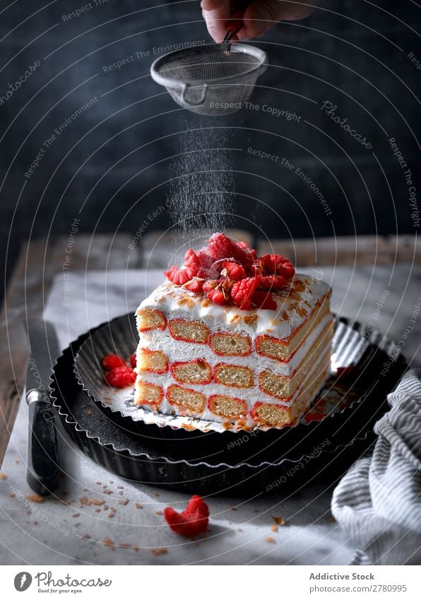 Powdering of sweet berry and cream cake Cake Raspberry Sugar Dessert Food Berries Tasty Cooking Tradition enjoyment Beautiful Confectionary Fresh Gourmet