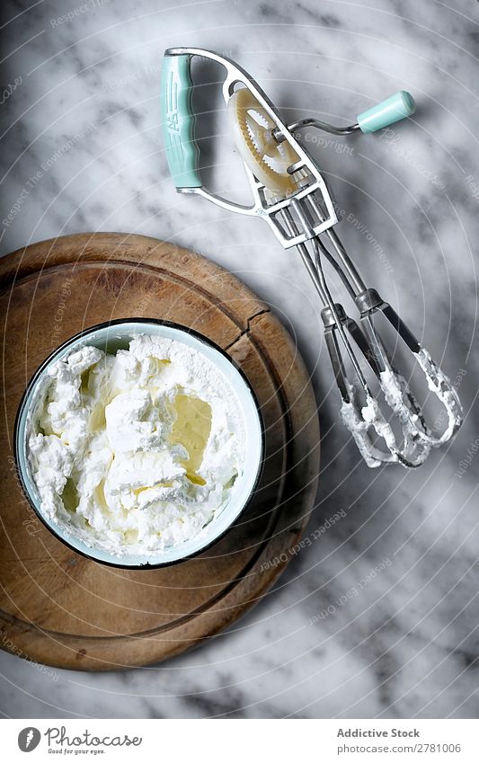 From above of whipped cream in bowl Cream Bowl Rustic Cooking Delicious instrument Cool (slang) Tool Dessert Kitchen Table Healthy Milk White Food Ingredients