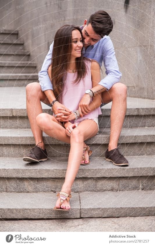 Happy couple hugs on stairs Couple Stairs Embrace Love Youth (Young adults) Woman Man Lovers Human being Sit Hold Beautiful Lifestyle Girl Hand Adults Caucasian