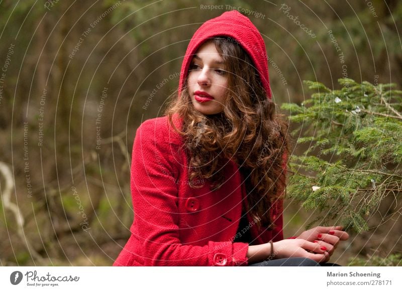 submerged Feminine Young woman Youth (Young adults) 1 Human being Forest Dream Red Little Red Riding Hood Fairy tale Colour photo Exterior shot