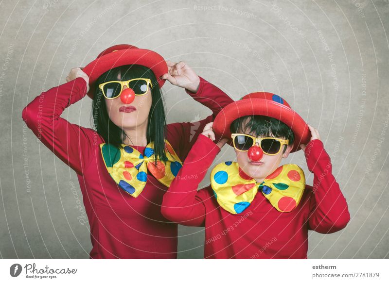 mother with son with clown nose and hat Lifestyle Joy Feasts & Celebrations Mother's Day Carnival Hallowe'en Birthday Human being Masculine Feminine Young woman