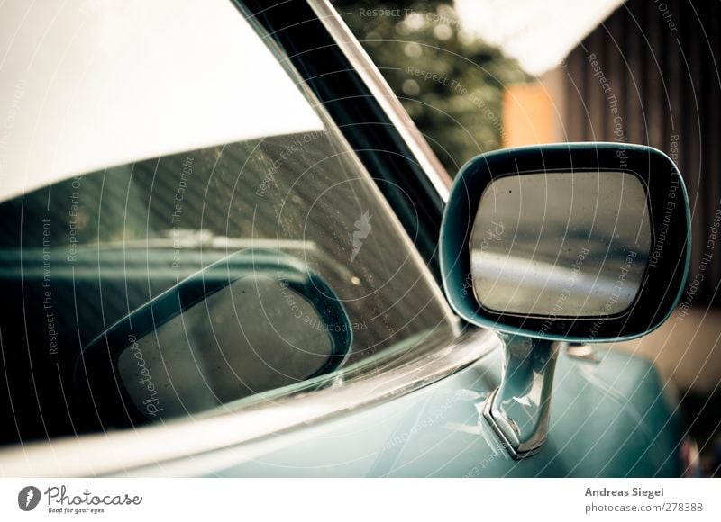 Look right through me Vehicle Car Vintage car Side mirror Chrome Car Window Mirror Reflection Blue Past Transience Blur Colour photo Subdued colour