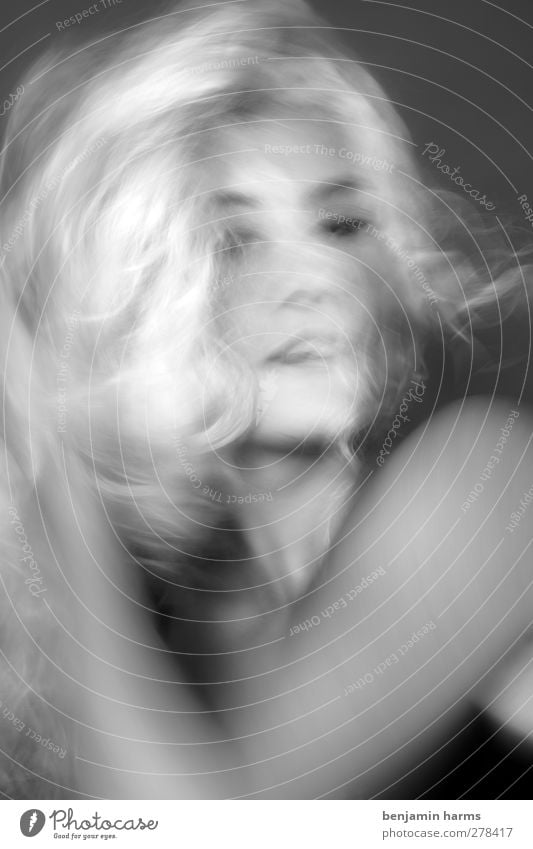 weird world Feminine Young woman Youth (Young adults) 1 Human being 18 - 30 years Adults Blonde Long-haired Curl Movement Eroticism Blur Black & white photo
