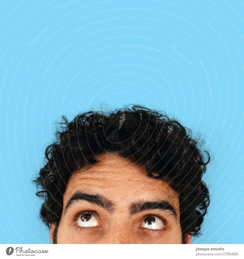 Thinking man with copy space on his head. Man Adults Eyes 30 - 45 years Brunette Curl Cool (slang) Funny Crazy Creativity Curiosity cheerfull Clever