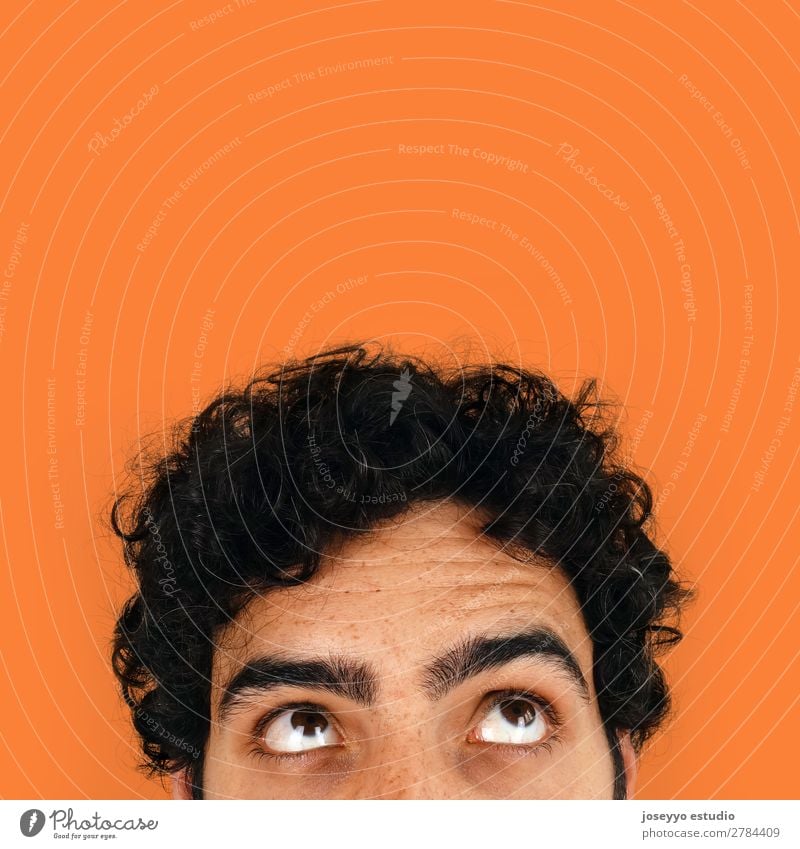 Thinking man with copy space on his head. Advertising background Banner Brunette Business Cheerful Clever Close-up communication Conceptual design corner