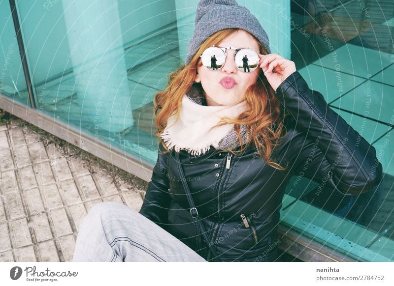 Young cool woman enjoying the day outdoors Lifestyle Style Joy Happy Beautiful Hair and hairstyles Leisure and hobbies Winter Human being Feminine Young woman