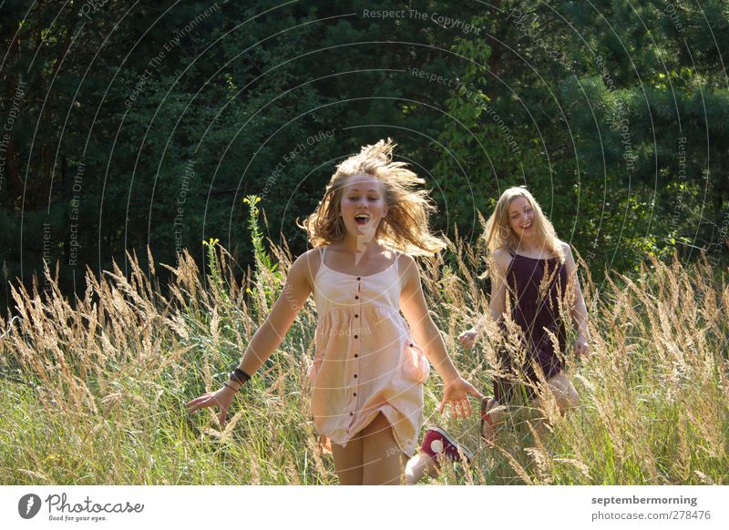 A feeling of summer III Feminine Youth (Young adults) 2 Human being 18 - 30 years Adults Nature Summer Meadow Dress Blonde Movement Smiling Happiness