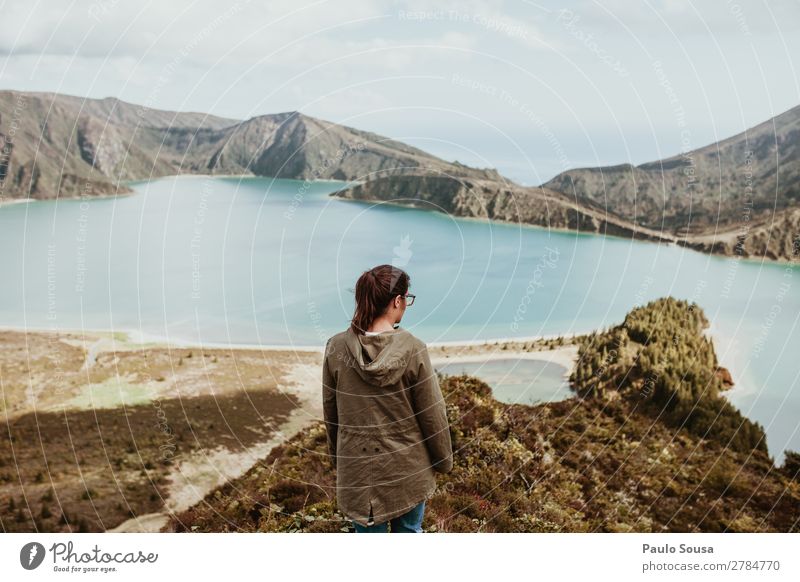Girl contemplating a lake Vacation & Travel Tourism Trip Adventure Sightseeing Mountain Hiking Feminine Young woman Youth (Young adults) 1 Human being