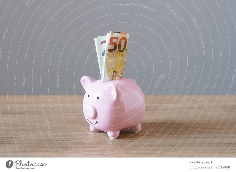 Piggy bank with Euro banknotes Financial Industry Business Pink Bank note Money box Luxury Save Colour photo Interior shot Studio shot Deserted Copy Space left