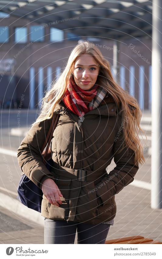 Young woman waiting at the bus station Lifestyle Style Winter Human being Feminine Youth (Young adults) Woman Adults 1 13 - 18 years 18 - 30 years