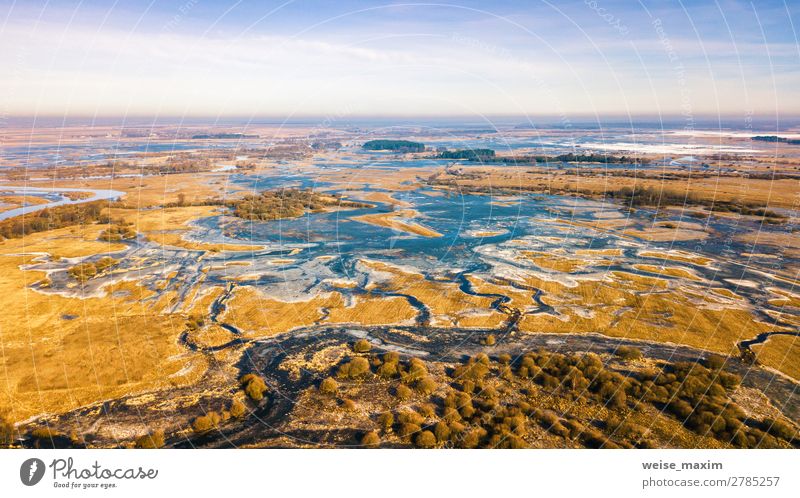 Spring rural aerial landscape. Frozen winter river. Beautiful Vacation & Travel Tourism Trip Adventure Far-off places Freedom Winter Snow Nature Landscape Air