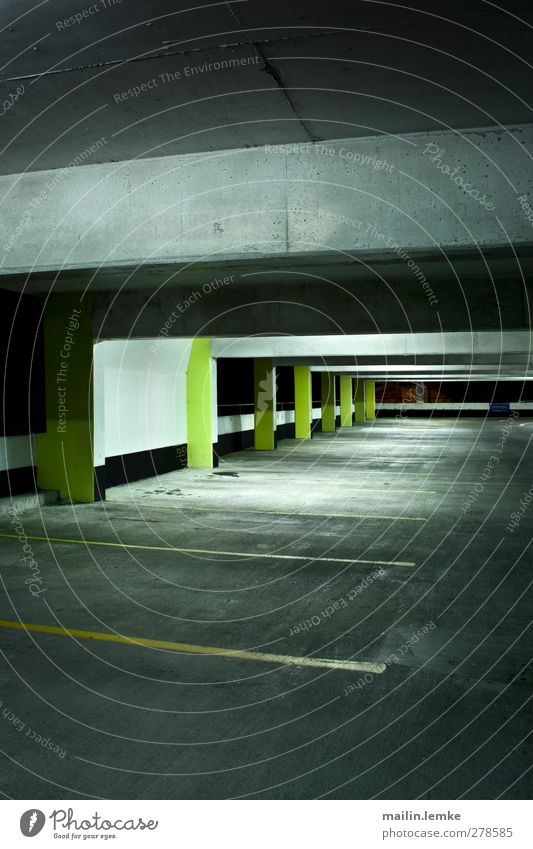 multi-storey car park Parking garage Threat Dirty Dark Sharp-edged Cold Town Yellow Black White Subdued colour Copy Space bottom Night Artificial light