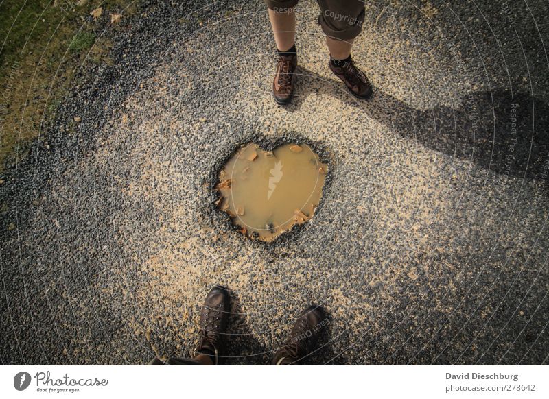 street olive Life Legs 2 Human being Water Sign Heart Brown Gray Hiking boots Lanes & trails Tar Puddle Heart-shaped Declaration of love Loving relationship