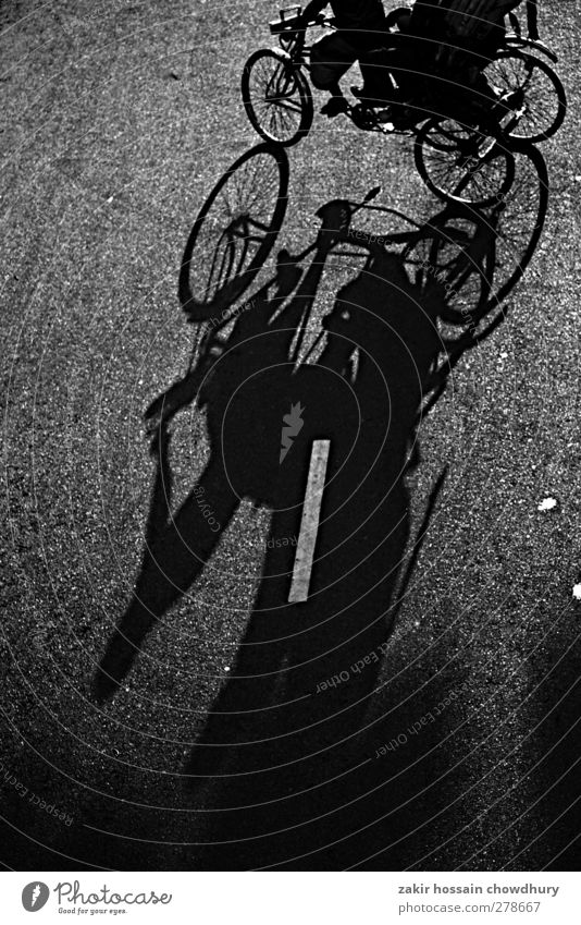 shadow Lifestyle Work and employment Workplace Street Bicycle Independence life Black & white photo Abstract Evening Deep depth of field Looking into the camera