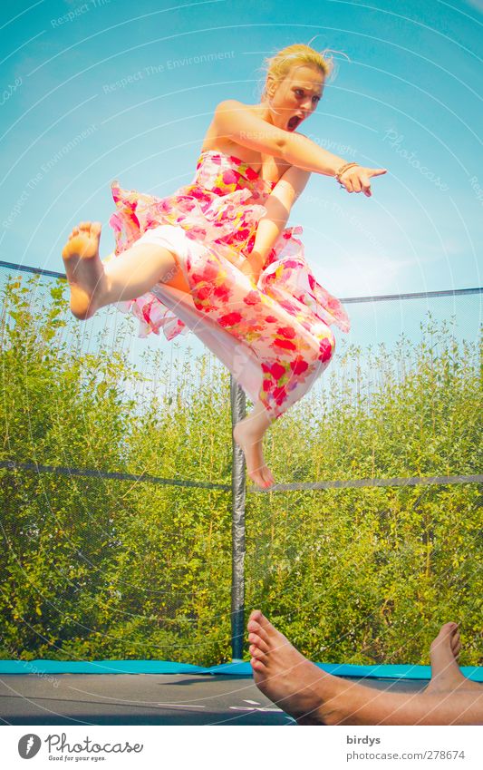 relationship work Trampoline Human being Young woman Youth (Young adults) Young man Couple 2 Cloudless sky Spring Summer Beautiful weather Dress Blonde Jump