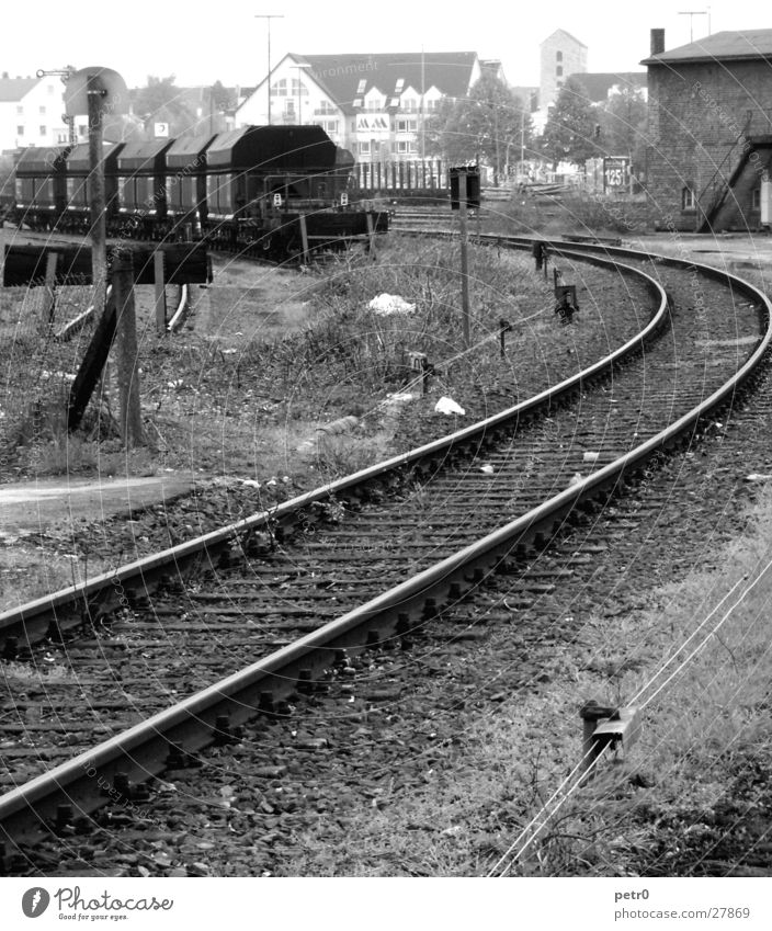 siding Railroad tracks Railroad car Building rubble Gloomy Transport buffer stop Train station Cable sleepers Industrial Photography