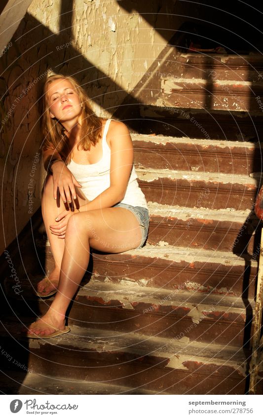 Peaceful Feminine Youth (Young adults) 1 Human being Stairs Sit Warm-heartedness Relaxation Interior shot Light Shadow Sunlight