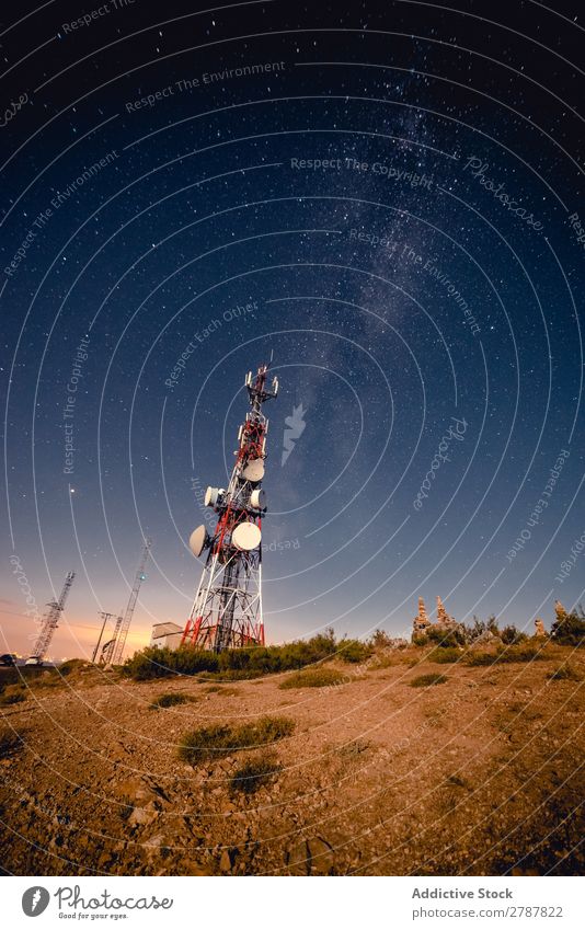 Communication tower and sky with stars in evening Tower Sky Stars Evening Antenna Heaven Night Height Astronomy Universe Galaxy Conceptual design Satellite