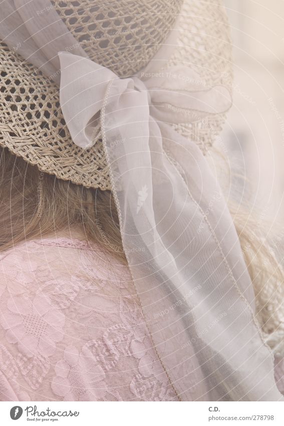 summer hat Elegant Feminine Hat Blonde Esthetic Pink White hat loop Bow Straw hat Pattern Colour photo Exterior shot Day