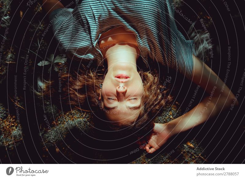Woman lying on ground Ground Mouth Lie (Untruth) Earth Summer Lady Youth (Young adults) Relaxation Haze Conceptual design Nature Expression Resting Loneliness