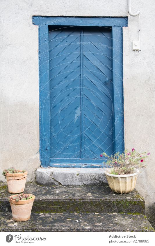 Building with blue door and flowers on steps Door Flower Pyrenees Construction Pot Stairs Blue White Facade Old Plant Stone Vacation & Travel Street Beautiful