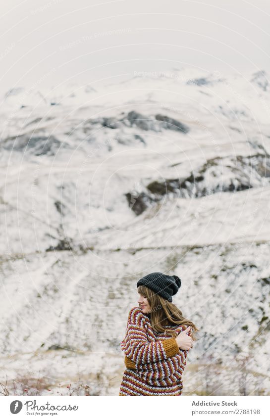 Young woman with crossed hands near mountain Woman Mountain Crossed Hand Pyrenees Lady Sweater Hat Hill Cold Closed eyes Attractive Wonderful