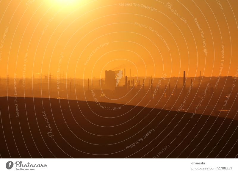 industries Landscape Air Sky Cloudless sky Sunrise Sunset Sunlight Climate Climate change Beautiful weather Hill Downtown Industrial plant Chimney