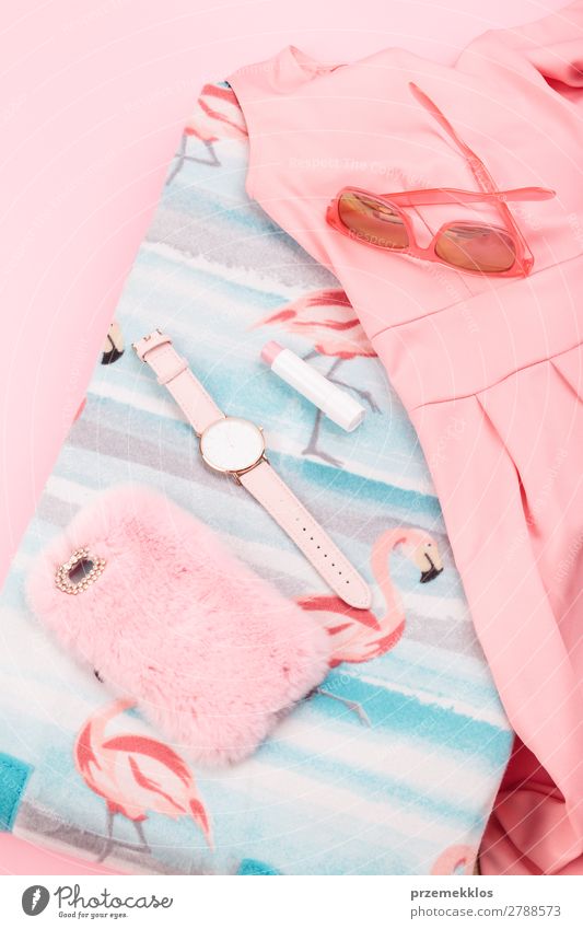 Pink dress, mobile phone in pink case, watch on pink background Lifestyle Style Lipstick Summer Telephone Youth (Young adults) Clothing Dress Sunglasses Observe