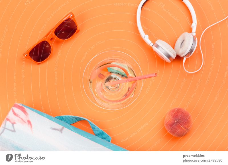 Sunglasses, drink, headphones, peach, orange background Fruit Lifestyle Style Summer Fresh blanket food Headphones Minimal Peach Exterior shot Deserted