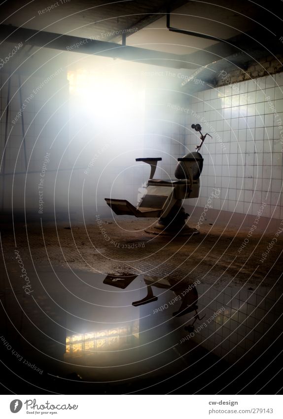 The dentist's chair Work and employment Dentist Deserted Ruin Stand Old Threat Dirty Dark Creepy Hideous Historic Cold Gray Fear Fear of death Dangerous Disgust