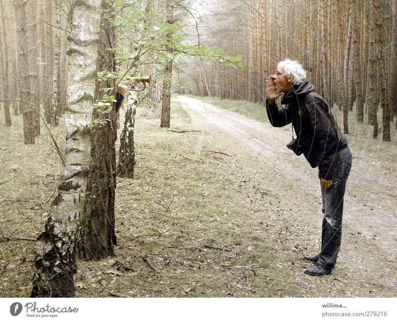 As you call into the woods, so it echoes Man Stand shout Scream Communicate White-haired Trip forest path Senior citizen Forest Trumpet To talk Proverb