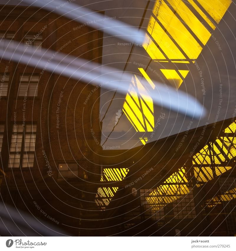 Insight into a farbric hall Kreuzberg Factory Skylight Glass Graffiti Stripe Illuminate Sharp-edged Retro Yellow Diagonal Detail Abstract Structures and shapes
