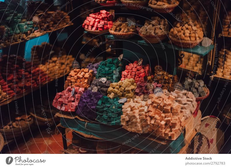 Shop with different sweets Sweet assortment Exceptional Multicoloured Counter Stand Boules Markets East Bazaar Tradition Shopping Storage Tourism Chechaouen