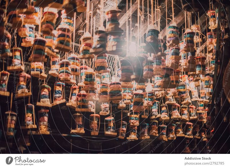 Different decorations hanging on ceiling Markets East Bazaar Decoration Hanging Set Multicoloured Exceptional Tradition Shopping Storage Tourism Chechaouen