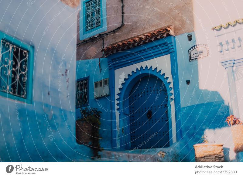 Street with old buildings Door Building Chechaouen Morocco Construction Facade Old Blue Vacation & Travel Sunbeam Day Tourism Beautiful romantic Limestone Stone