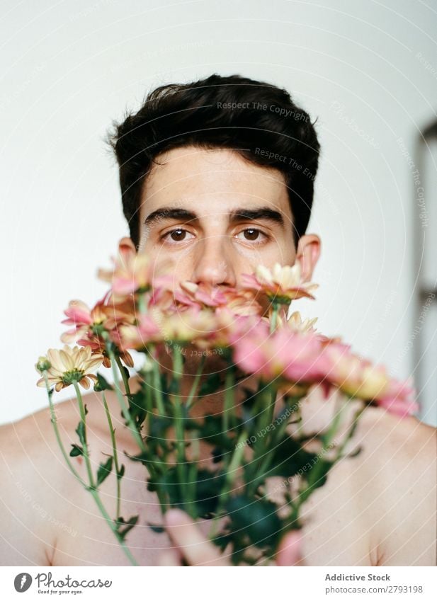 Young man with pink flowers Man Flower Bouquet bunch Guy Fresh Youth (Young adults) Brunette shirtless Rose Pink Surprise Chrysanthemum Gift romantic