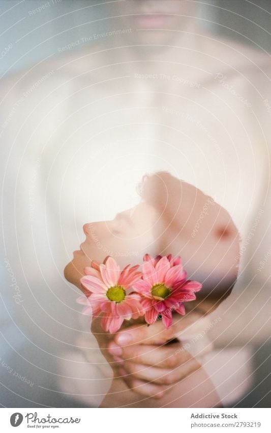 Double exposure of brunette young guy and bouquet of fresh rose blooms on blurred background Man Flower Fresh Youth (Young adults) Brunette Guy shirtless