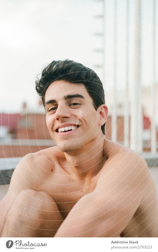 Face of shirtless young man smiling Man Guy Smiling Youth (Young adults) Happy Brunette Cheerful Surprise through window Hair and hairstyles hairdo
