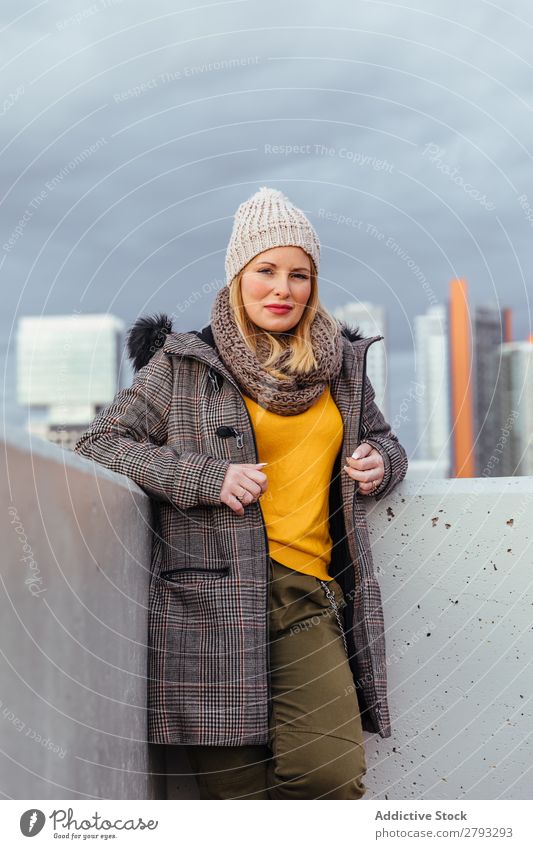 Portrait of blonde girl posing in the city Woman Town Girl Hair Model Blonde Beautiful Youth (Young adults) Hat Street Yellow Style Jacket City