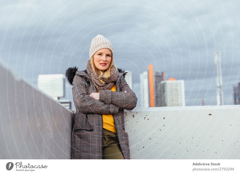 Portrait of blonde girl posing in the city Woman Town Girl Hair Model Blonde Beautiful Youth (Young adults) Hat Street Yellow Style Jacket City