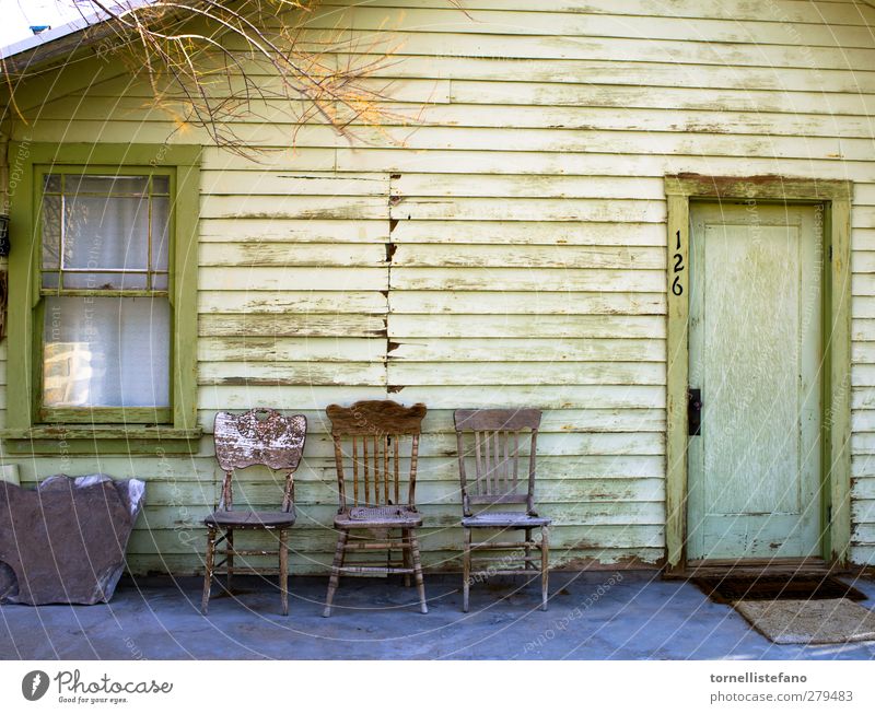 empty chairs Background picture Country house shabby chic old door old window old chairs Veranda exteriors Consistency Green Old Weathered Yellow Building