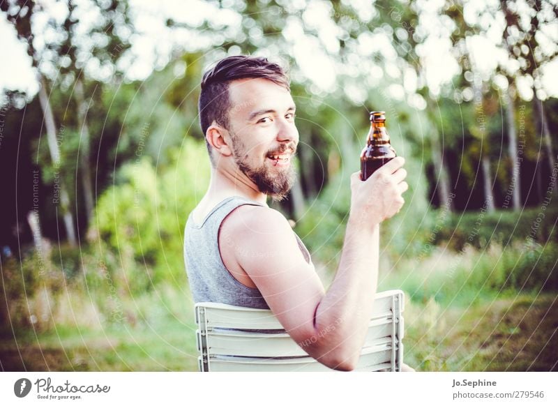 Cheers! Young man Adults Joie de vivre (Vitality) Joy Happy Happiness Contentment Serene Summer evening Bottle of beer Beer Lifestyle Style Nature Drinking