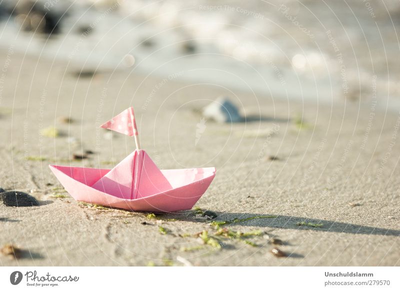 Rosa Ahoy! Calm Vacation & Travel Tourism Summer Summer vacation Beach Ocean Navigation Sailboat Paper boat Watercraft Decoration Flag Esthetic Simple Happiness
