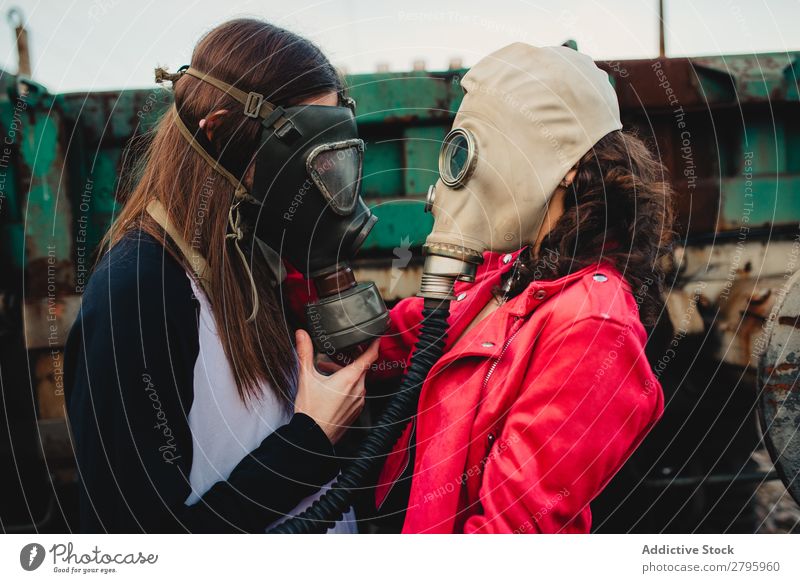 Long haired guy and stylish lady in gas masks Respirator mask respirator Construction Hipster Youth (Young adults) Style Conceptual design Hip & trendy